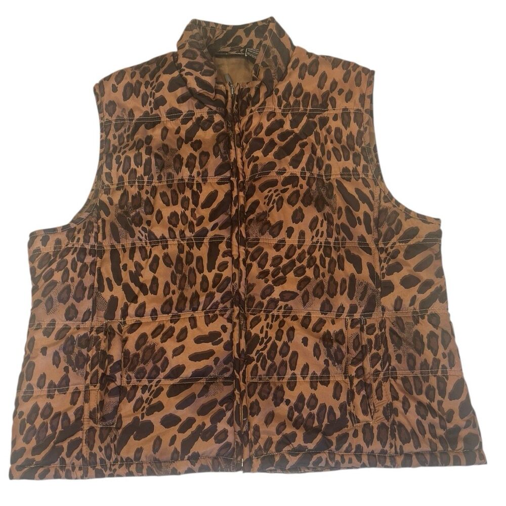 Puffer Vest Vintage Y2K Leopard Print Womens 2X Brown Quilted Sleeveless Padded